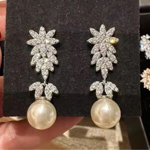 White Gold Diamond Baroque Pearl Earrings